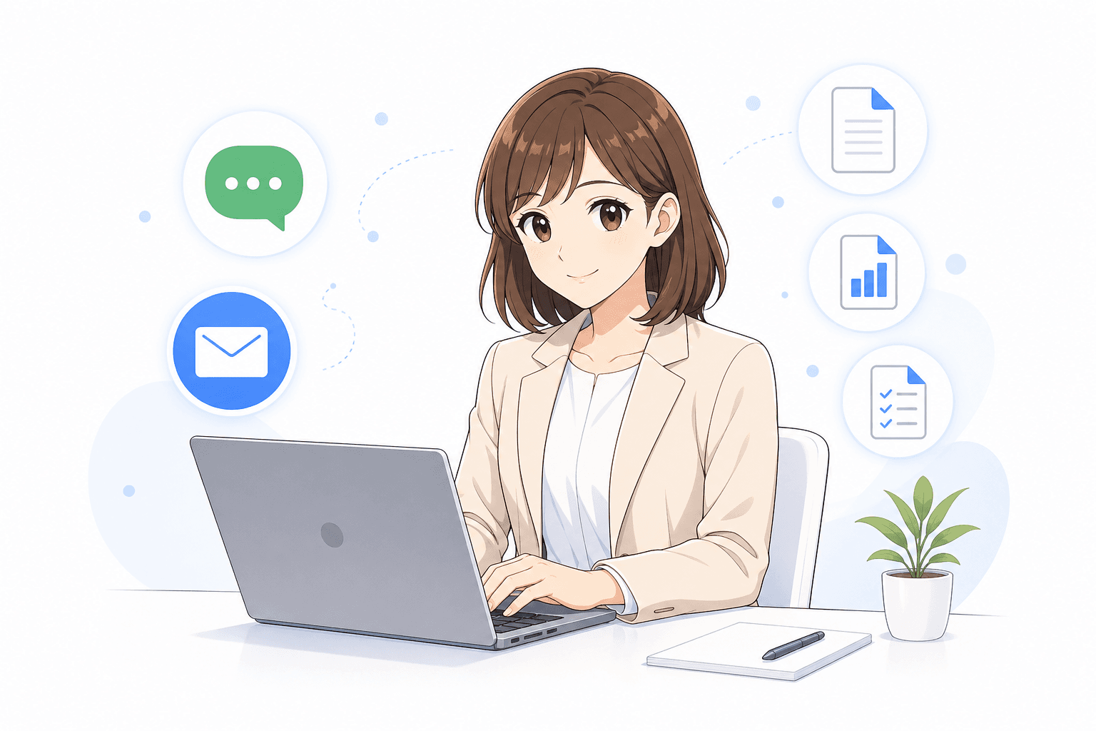 ノートパソコンで仕事を進めるAI秘書