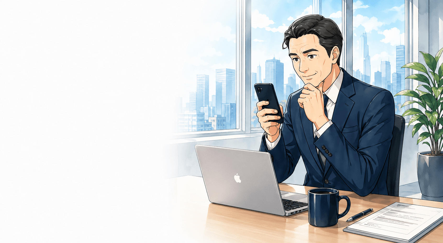 スマートフォンでAI秘書の報告を確認する経営者