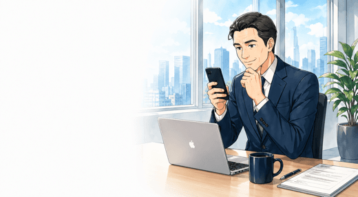 スマートフォンで報告を確認する社長